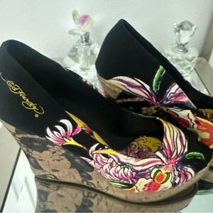 Ed Hardy Black Floral Wedges